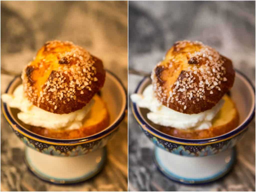 Before and after photo of a cream puff - bad lighting on left, good on right.