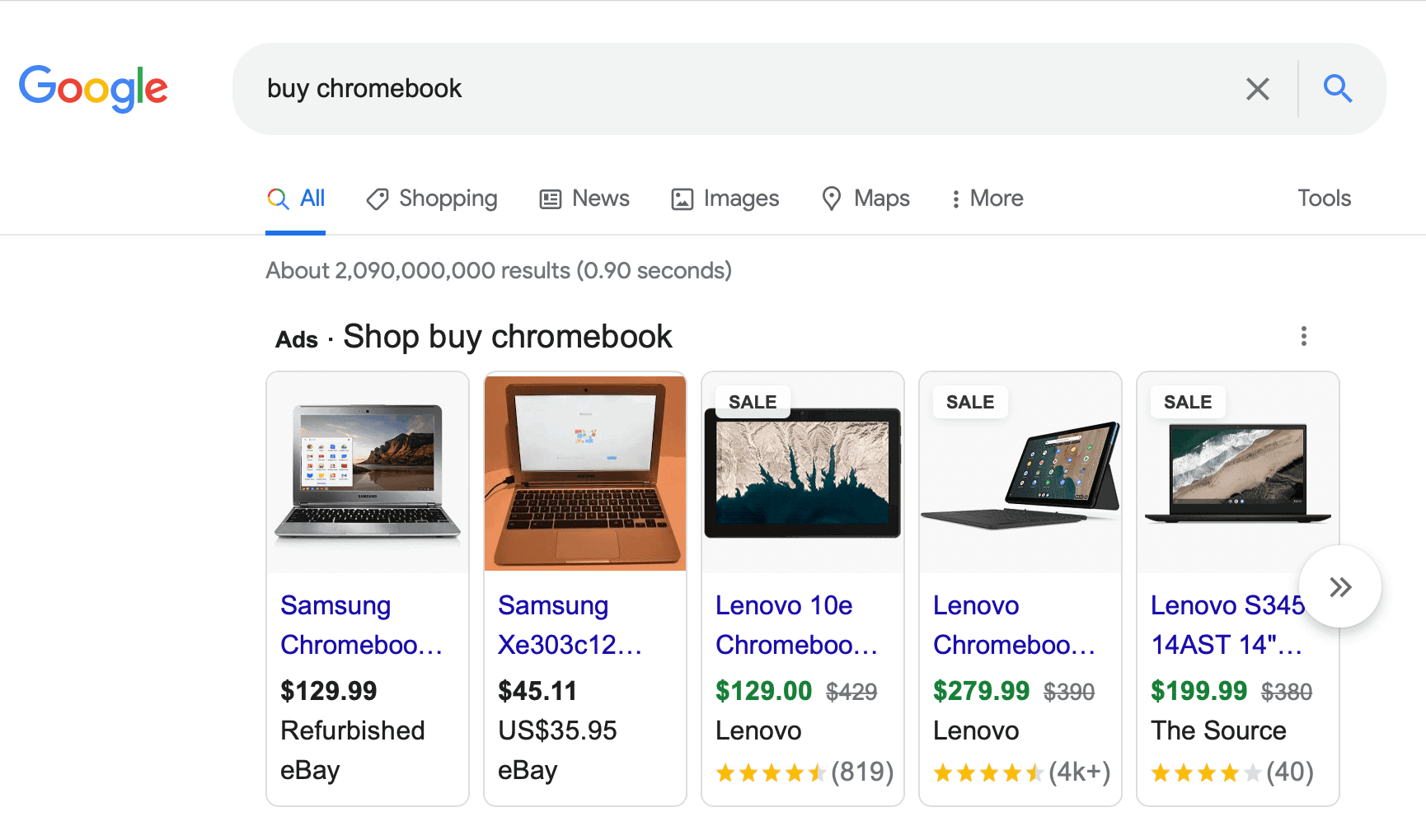 Google shopping results