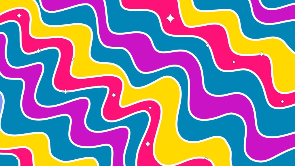 Funky wallpaper graphic, with The Influence Agency’s brand colours of pink, purple, blue, and yellow, in a wavy squiggle pattern, with tiny white stars.