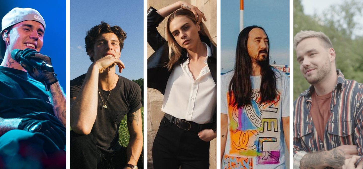a collage of Justin Bieber, Shawn Mendes, Cara Delevingne, Steve Aoki, and Liam Payne