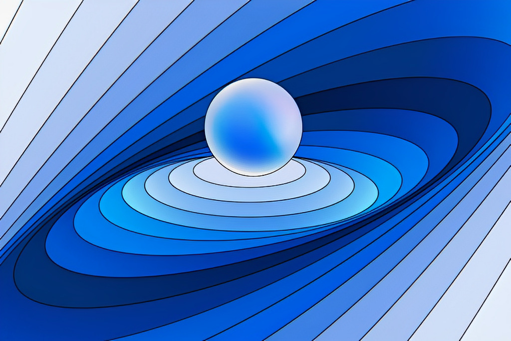 several blue spirals, placed at an abstract angle, getting smaller and smaller to the middle where a blue sphere sits.
