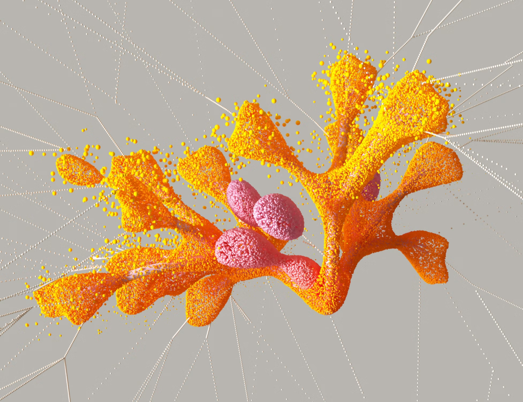 Several small spheres of orange, yellow, and pink hue making up an abstract, coral-like object. 
