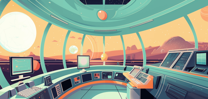 the inside of a spaceship cockpit overlooking a foreign planet