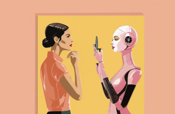 An illustration of a robot taking a picture of TIA's virtual influencer