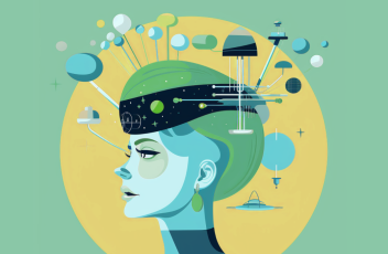 An illustration of a woman’s profile with planets flying around her head