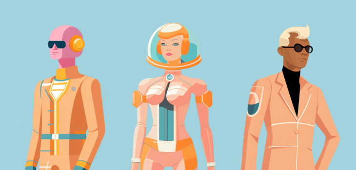 An illustration of three people in futuristic outfits