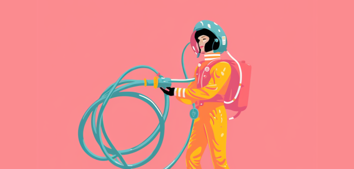 An illustration of an astronaut against a pink background
