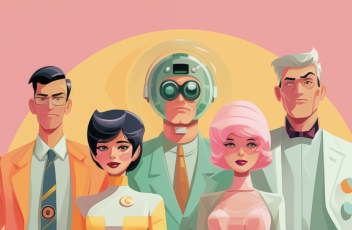 An illustration of five futuristic people from different generations